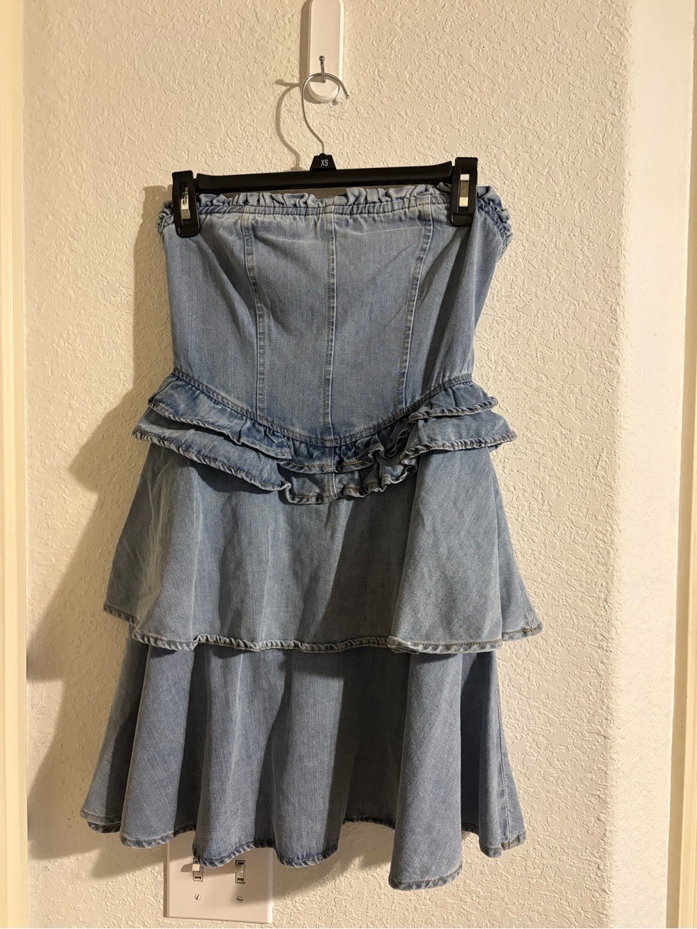 MARBLE Light Blue Denim Tiered Ruffle Skater Skirt